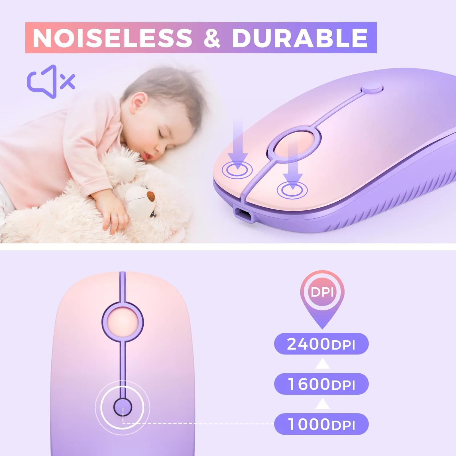 VssoPlor Type-C Wireless Mouse - Gradient Purple, Ergonomic, Rechargeable with USB & Type-C Receiver - view 4