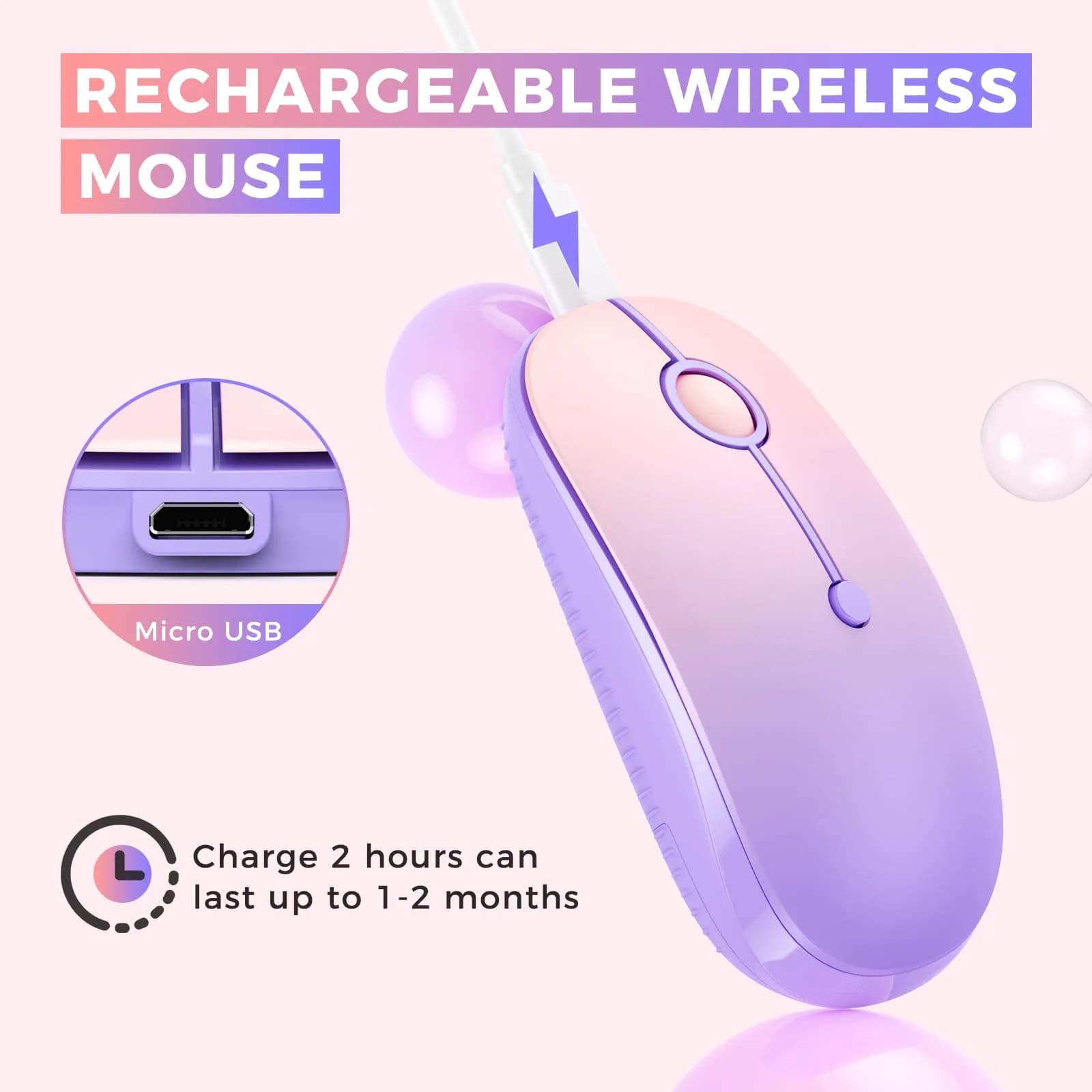 VssoPlor Type-C Wireless Mouse, Dual Mode 2.4G Cordless Mouse with USB & Type-C Receiver, Gradient Purple | Ergonomic Design for PC, Laptop, MacBook - view 5