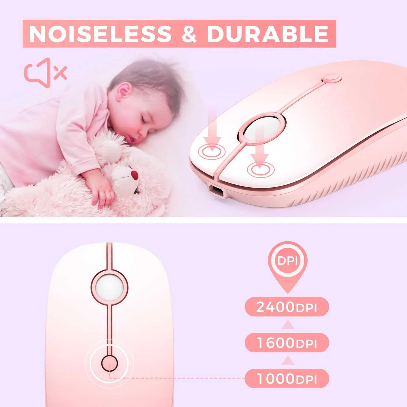 VssoPlor Type-C Wireless Mouse - Gradient Pink, Rechargeable Ergonomic Computer Mouse with USB & Type-C Receiver - view 4