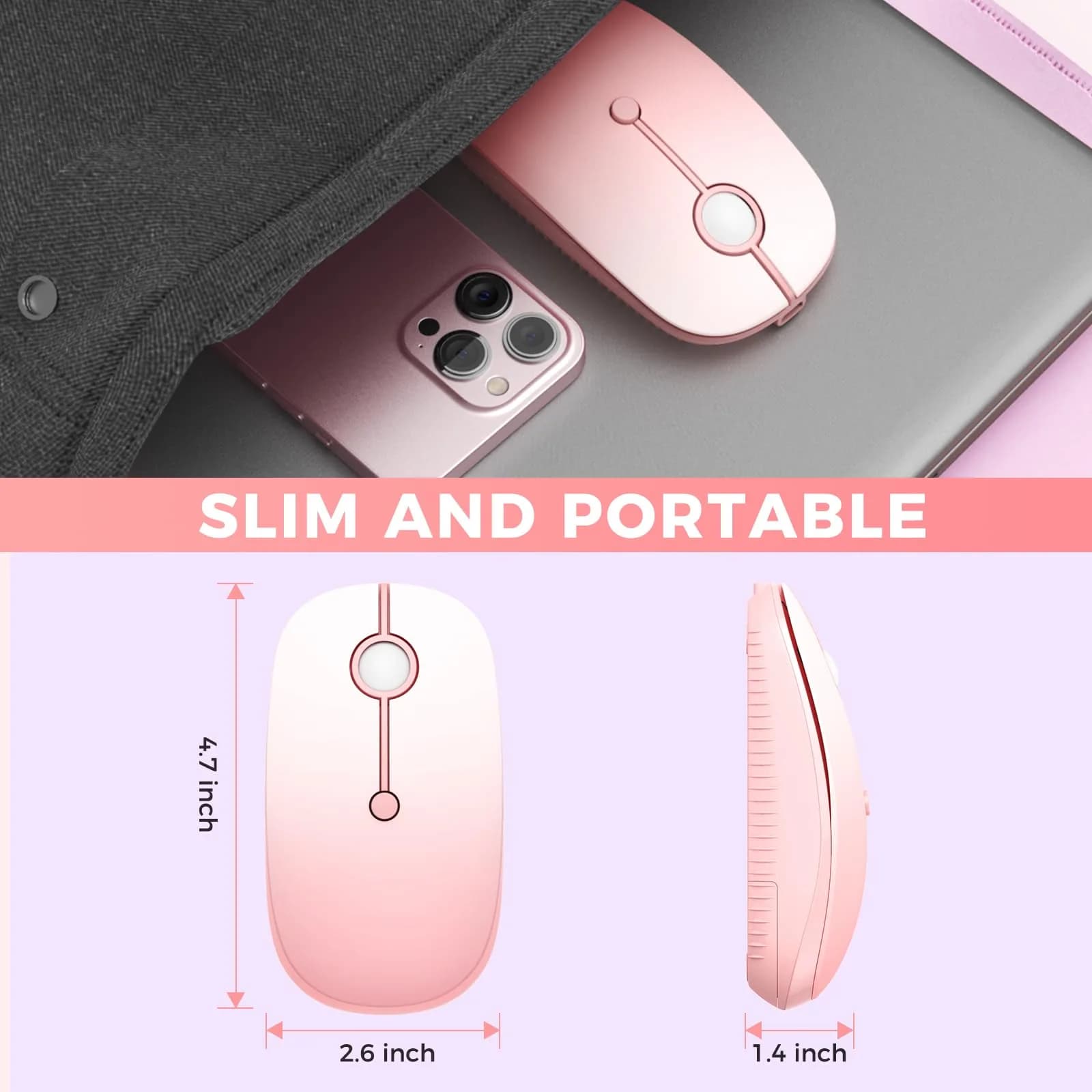 VssoPlor Type-C Wireless Mouse, Dual Mode 2.4G Cordless Mouse with USB & Type-C Receiver, Gradient Pink | Ergonomic Design for PC, Laptop, MacBook - view 6