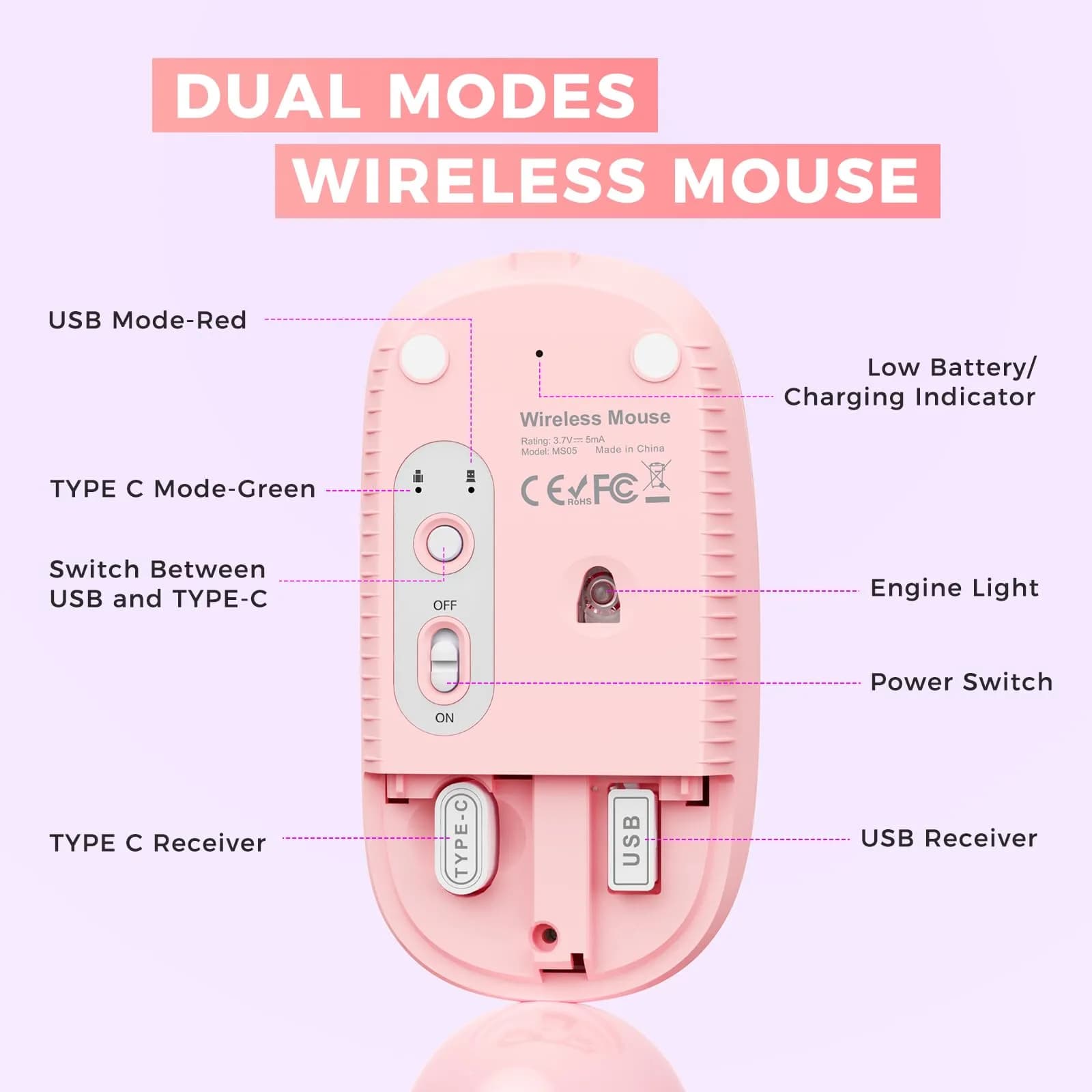 VssoPlor Type-C Wireless Mouse, Dual Mode 2.4G Cordless Mouse with USB & Type-C Receiver, Gradient Pink | Ergonomic Design for PC, Laptop, MacBook - view 7