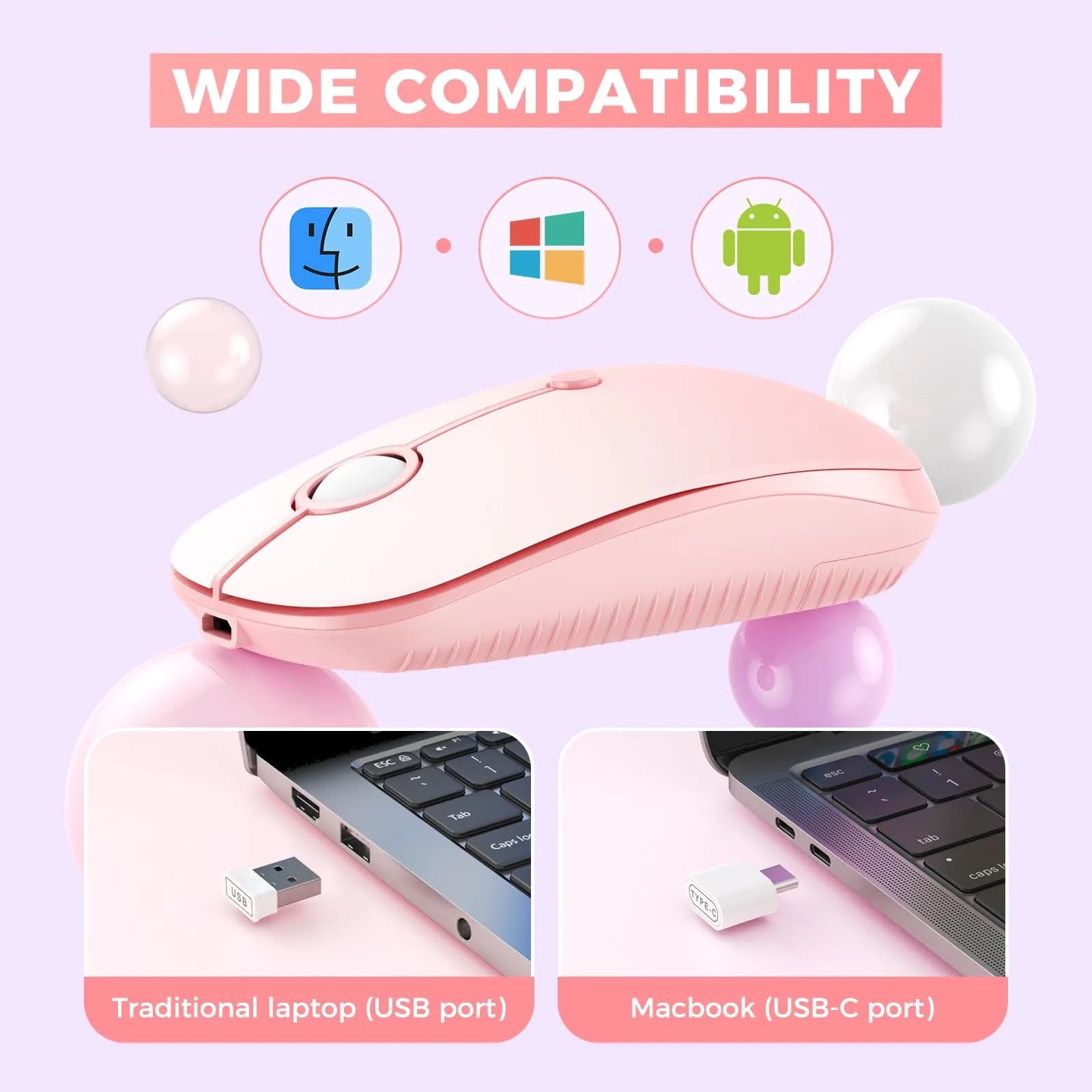 VssoPlor Type-C Wireless Mouse - Gradient Pink, Rechargeable Ergonomic Computer Mouse with USB & Type-C Receiver - view 2