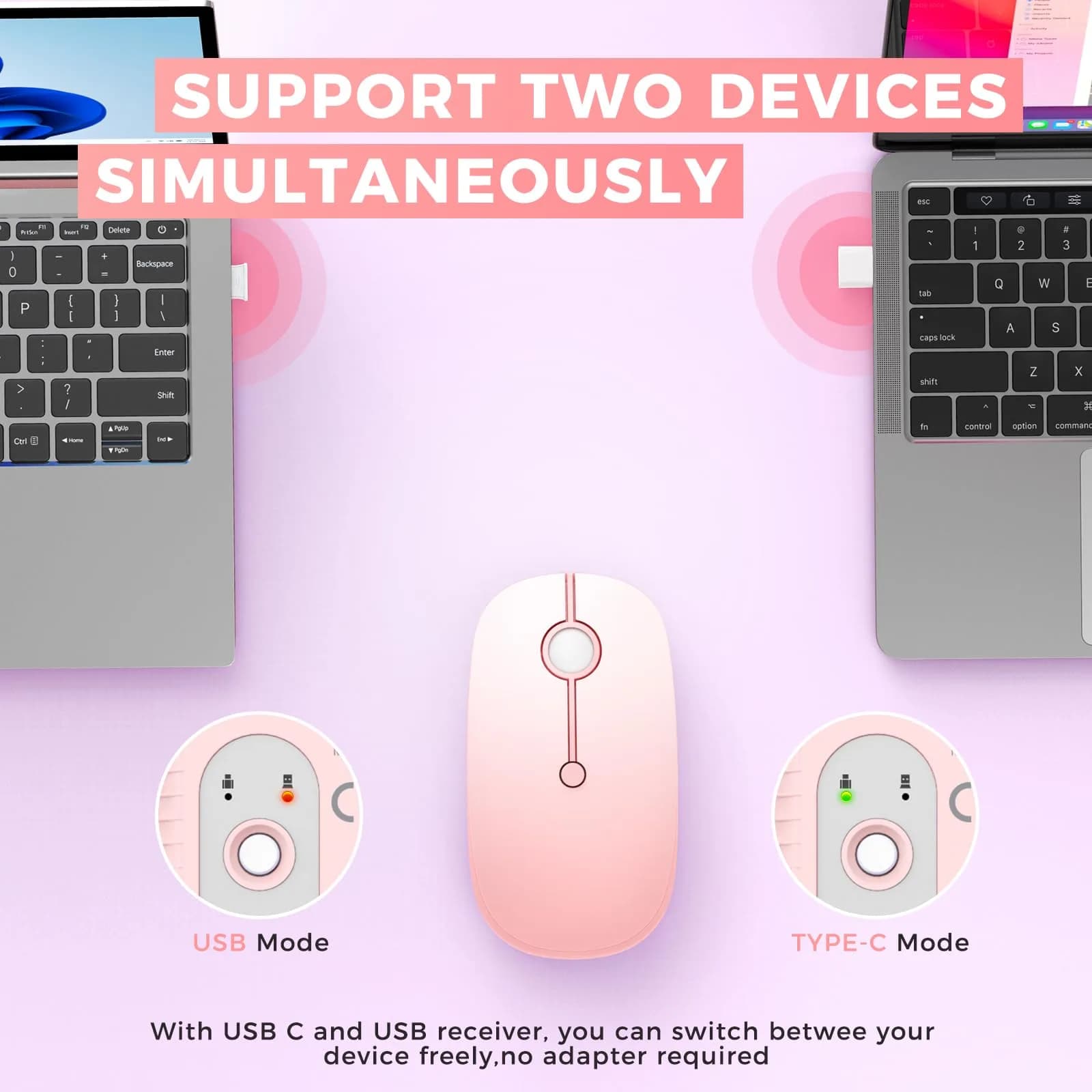 VssoPlor Type-C Wireless Mouse - Gradient Pink, Rechargeable Ergonomic Computer Mouse with USB & Type-C Receiver - view 3