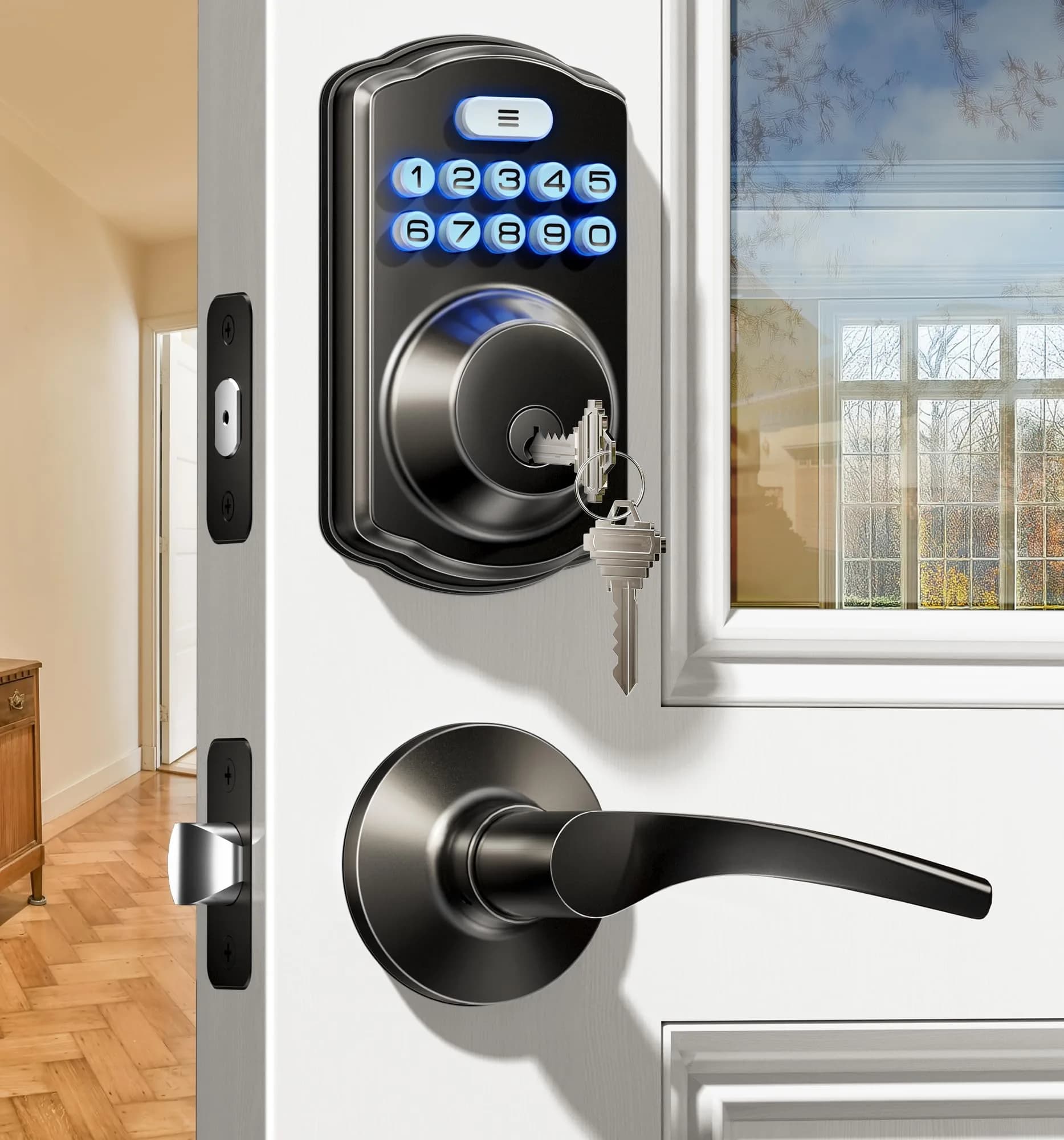 Veise KS01B Keypad Door Lock with 2 Lever Handles Set, Matte Black | Keyless Entry & Auto Lock — Matte Black
