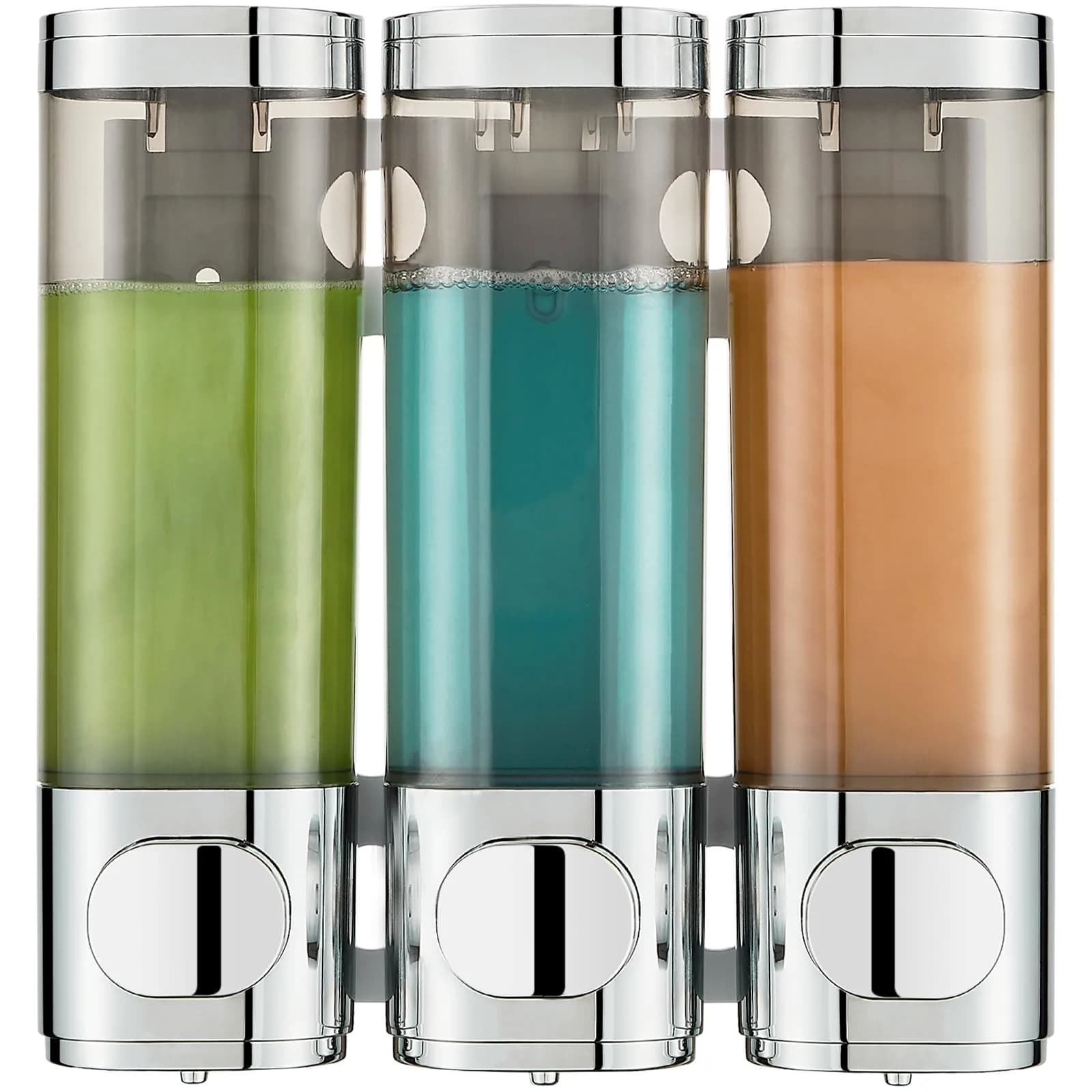 Pollock Shampoo and Conditioner Dispenser No Drill 3 Chamber | Bright Silver Wall Mount