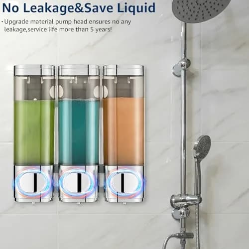 Pollock Shampoo and Conditioner Dispenser No Drill 3 Chamber | Bright Silver Wall Mount thumbnail 3