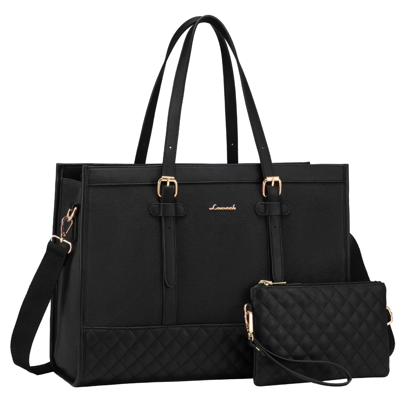 LOVEVOOK Laptop Tote Bag for Women, 15.6 Inch | Stylish & Functional with Laptop Compartment — A-black