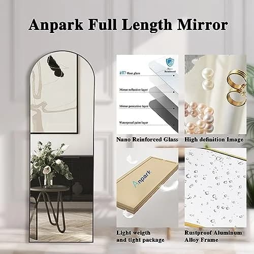 Anpark Black Arched Mirror Full Length 58" | Full Body Standing Wall Mirror for Bedroom & Living Room thumbnail 7