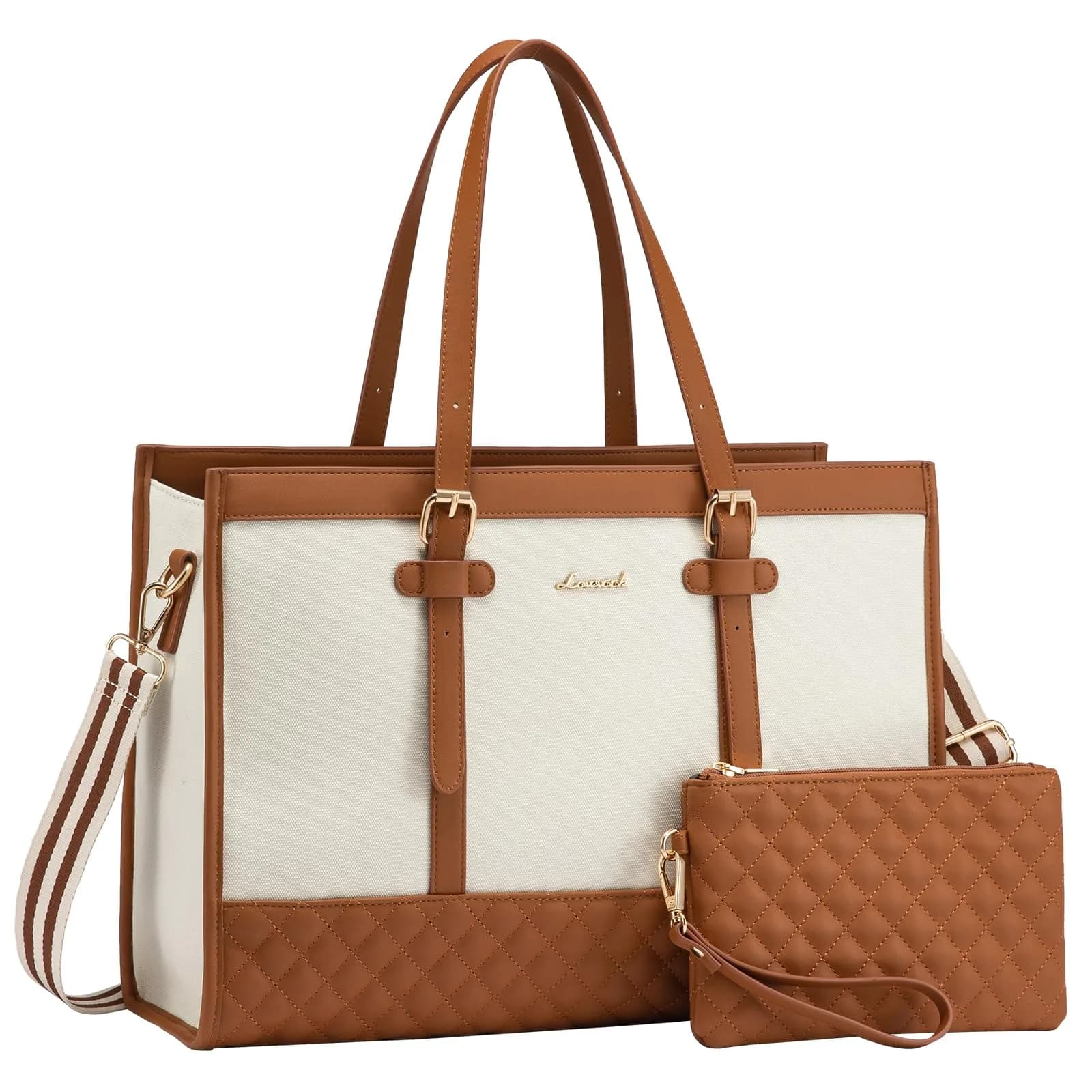 LOVEVOOK Laptop Bag for Women, 15.6 Inch | Stylish & Functional Tote for Work & Travel — Brown & White