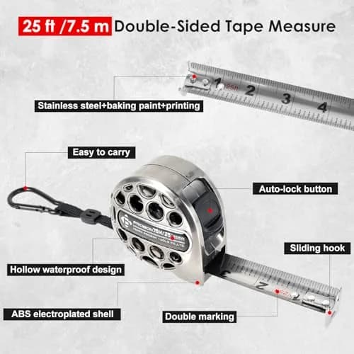 HOTBEST 25ft (7.6m) Stainless Steel Tape Measure | Waterproof & Rustproof Retractable Ruler for Construction thumbnail 2