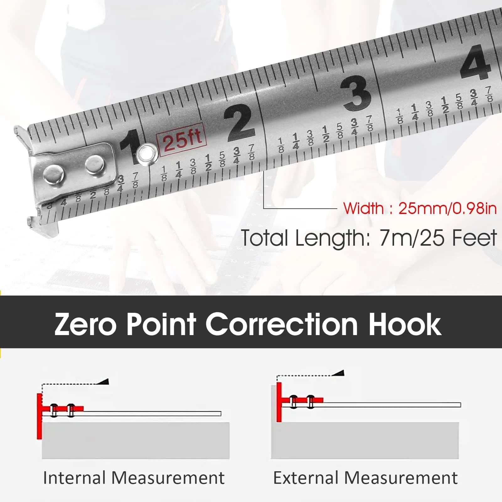 HOTBEST 25ft (7.6m) Stainless Steel Tape Measure | Waterproof & Rustproof Retractable Ruler for Construction - view 4