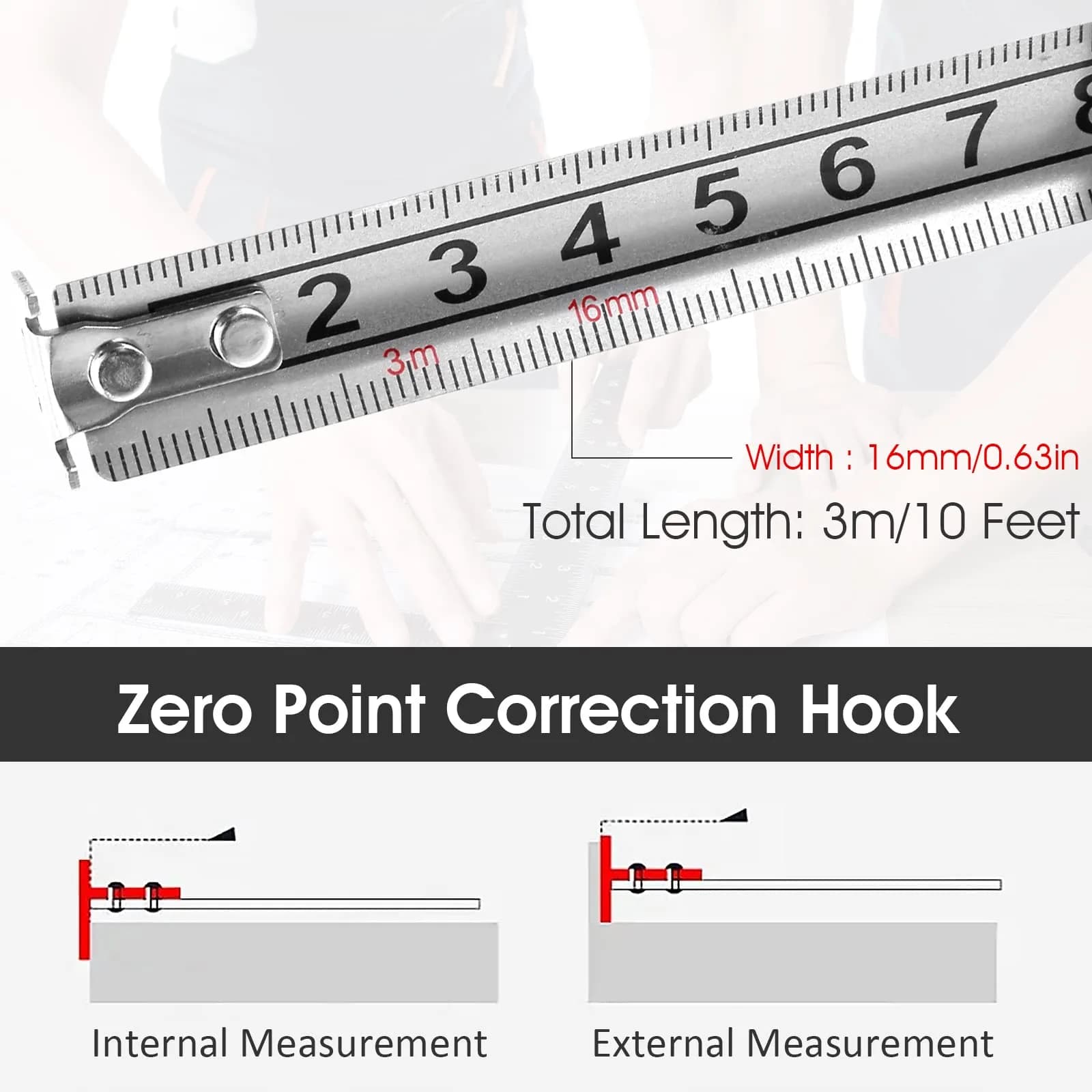 HOTBEST Retractable Tape Measure 3m (9.8ft) Stainless Steel | Double-Sided Scale, Waterproof, Locking Mechanism - view 5