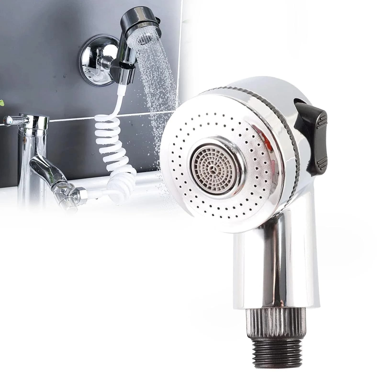 Qusmeiyici Showerhead for Salon & Spa Chairs | Adjustable Stainless Steel Spray Head with G1/2 Interface — Head Side Control Button