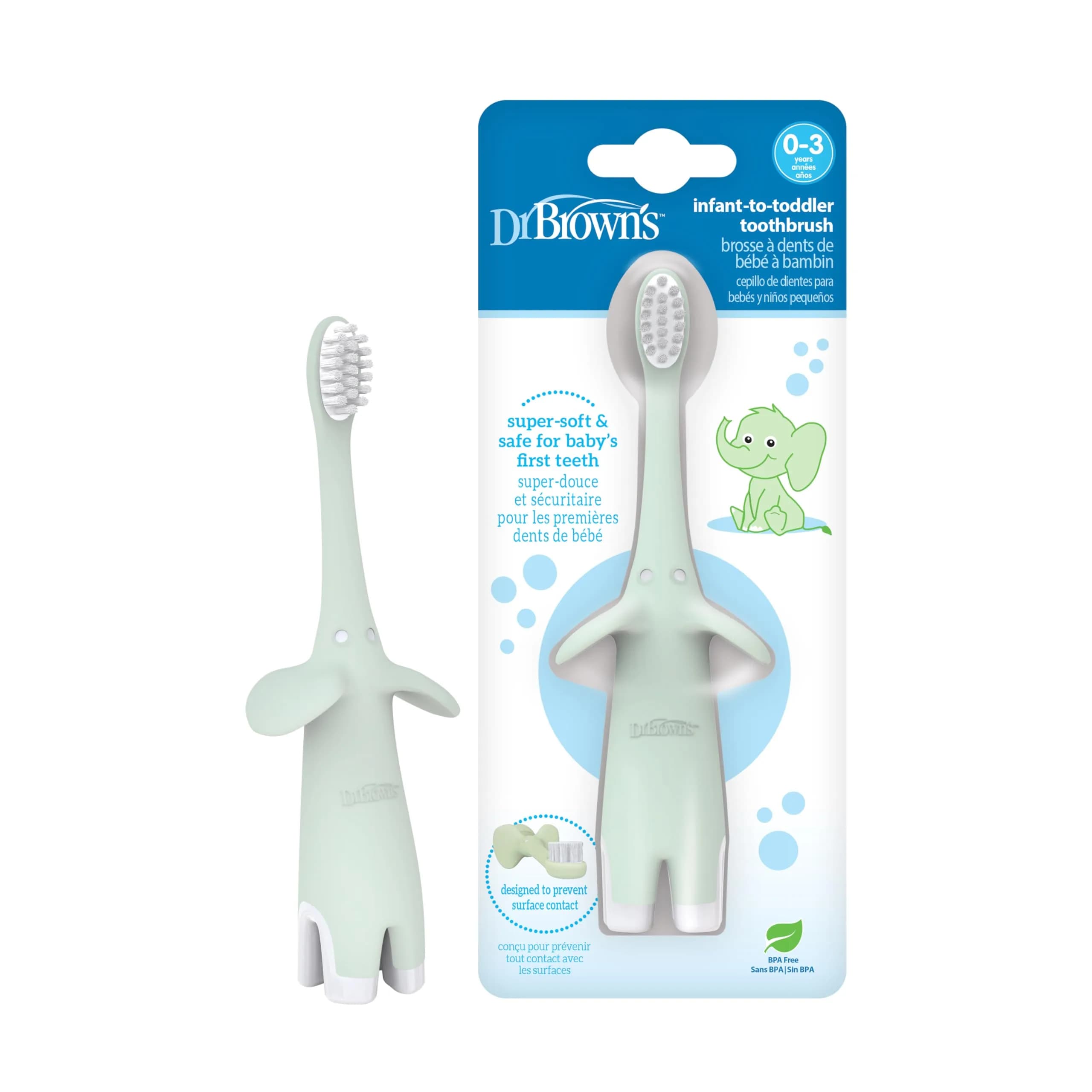 Dr. Brown's Infant-to-Toddler Toothbrush, Mint Elephant, 0-3 Years | BPA-Free, Soft Bristles — Mint