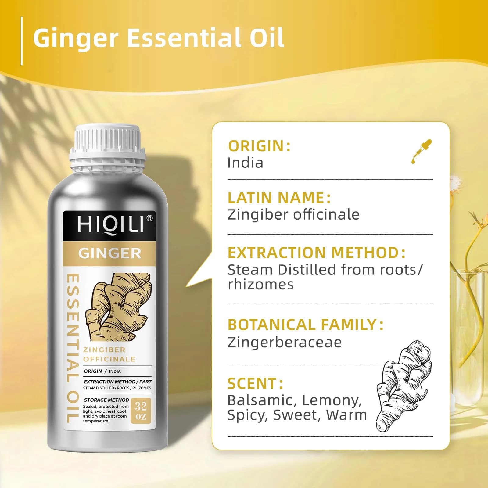 HIQILI Ginger Essential Oil 1000ml (32 Fl Oz) | Steam Distilled for Hair, Massage & Skin - view 5