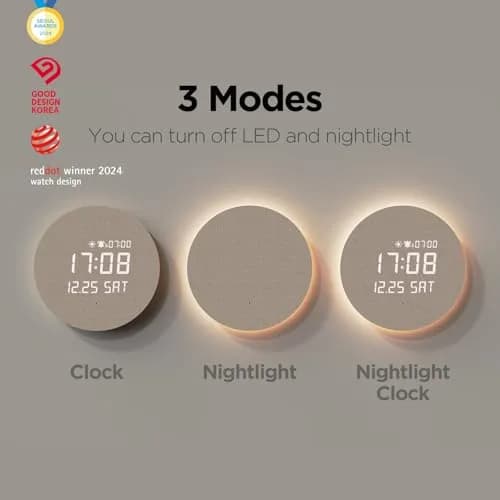 mooas Full Moon LED Silent Wooden Digital Wall Clock with Remote Control, 11.6 in (29.5 cm) Round | Sunrise Alarm & Nightlight thumbnail 3