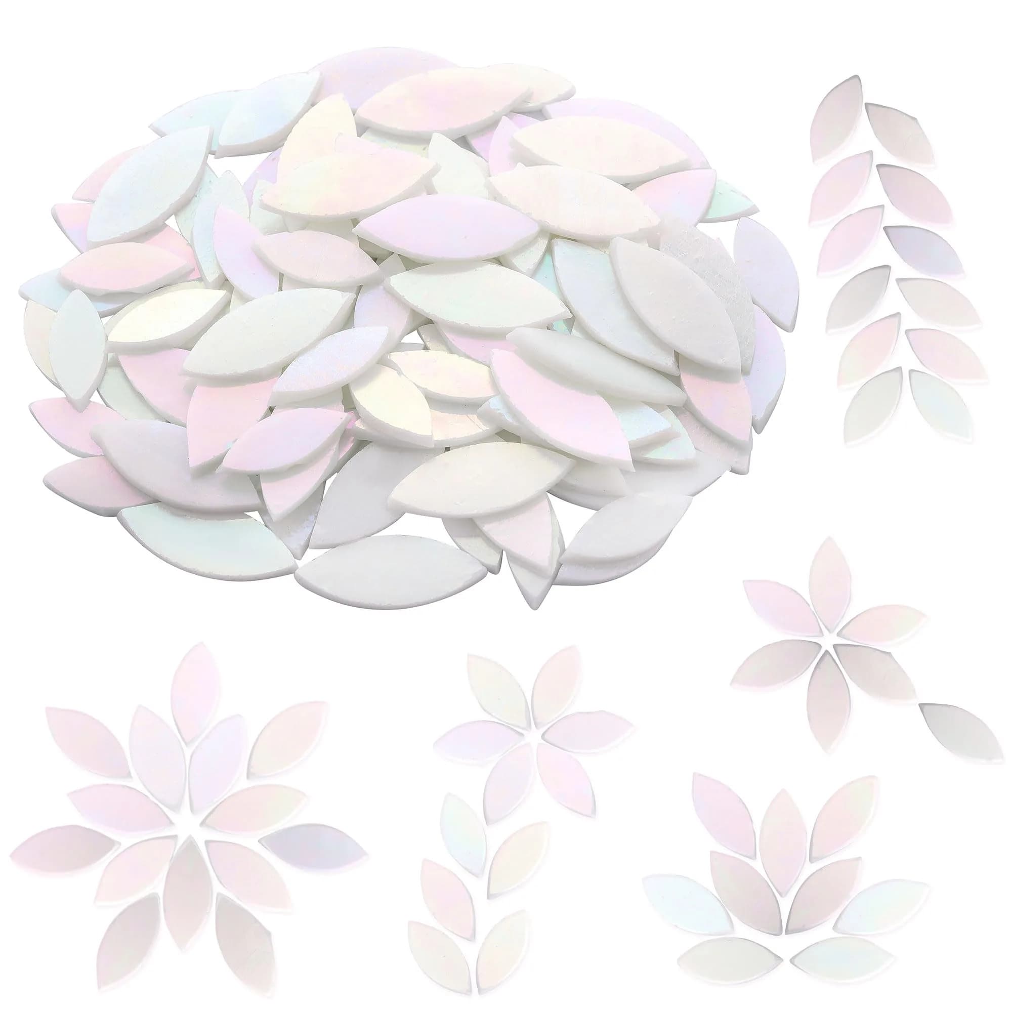 Yoption Iridescent Pink Glass Petal Mosaic Tiles | Hand-Cut Craft Tiles for Home & Crafts (1.4 x 0.6 inches) — Iridescent White
