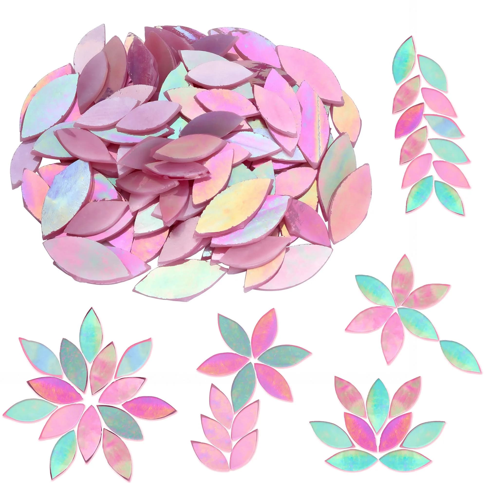 Yoption Iridescent Pink Glass Petal Mosaic Tiles | Hand-Cut Craft Tiles for Home & Crafts (1.4 x 0.6 inches) — Iridescent Pink