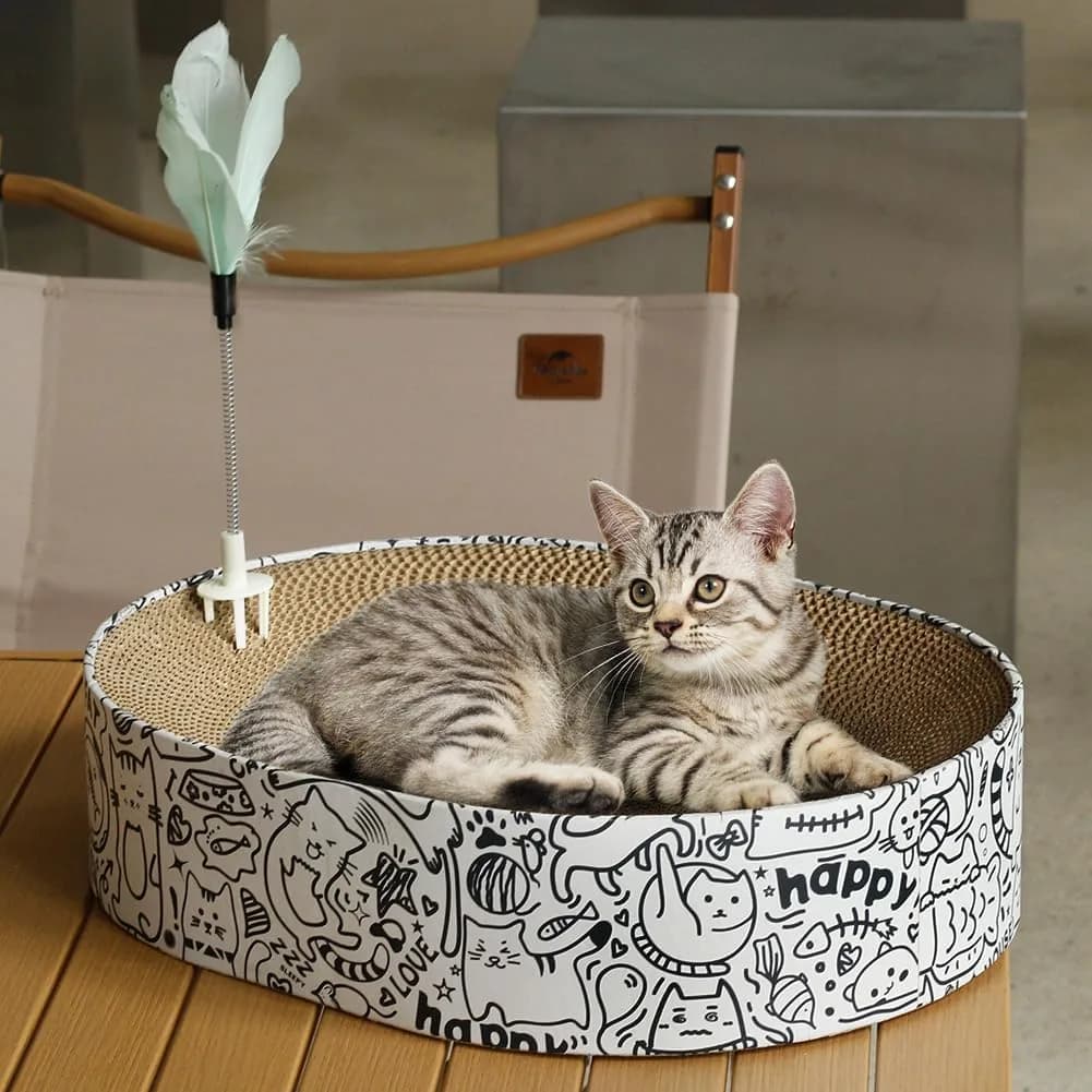ARGOPET Oval Cat Scratcher Bed with Toy 43cm (17in) | Curved Design for Spine Support - main product image