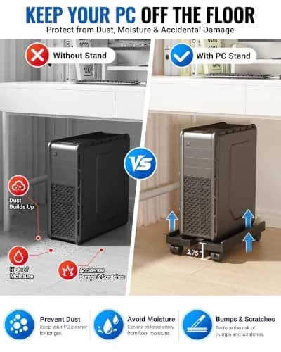 Hovadova Adjustable Computer Tower Stand Black | Ventilated Mobile CPU Holder with Locking Wheels thumbnail 7