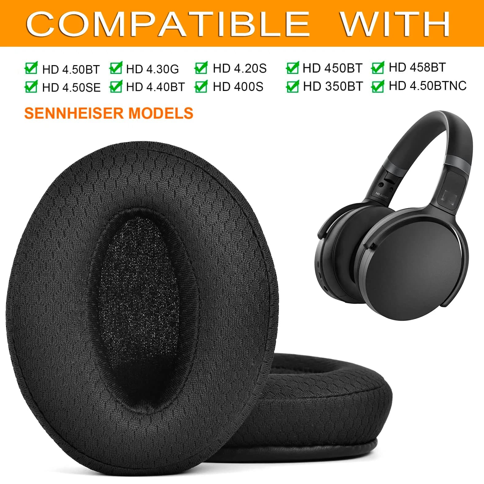 defean Breathable Fabric Replacement Ear Pads for Sennheiser HD 4.50BT, 4.40BT, 4.30G, 4.20S, 458BT, 450, 450BT, 350BT Headset | Noise Isolating Comfort - view 2