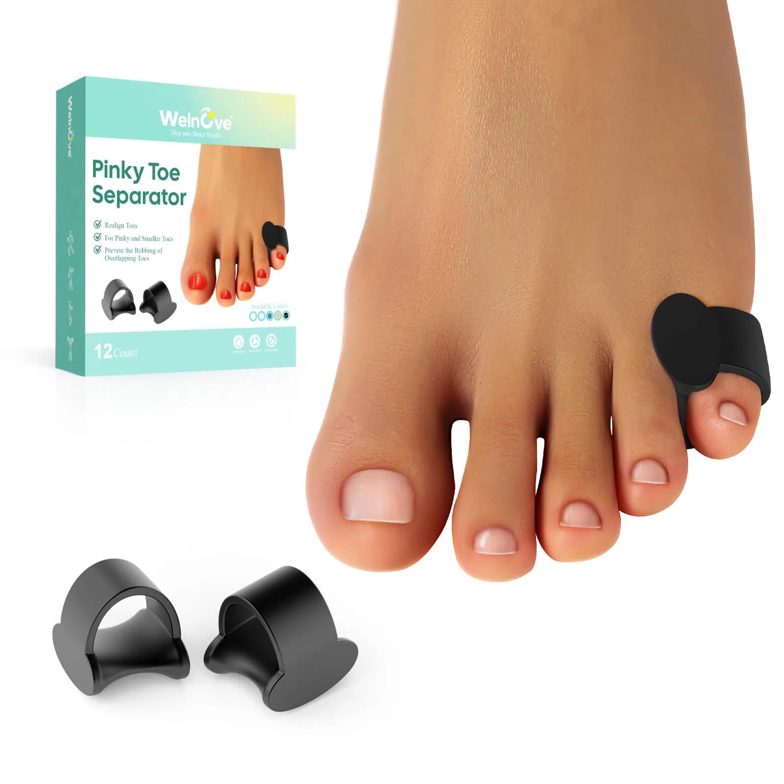 Welnove Pinky Toe Separator, 12 Pcs Black Gel Toe Spacers for Feet, Bunions, Overlapping Toes, Unisex, 1 Pack | Realign & Relieve Pressure — Black