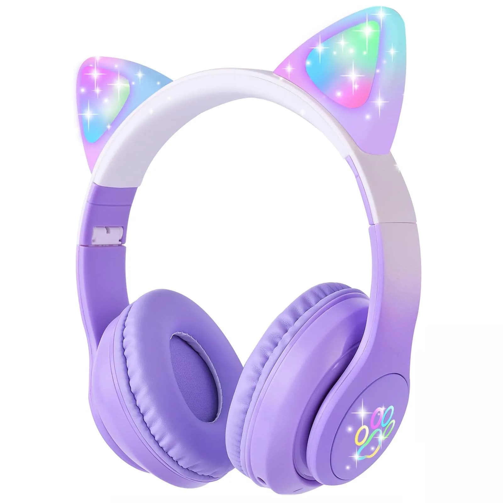 HOYJACY Cat Ear Kids Bluetooth Headphones Pink | LED Light Up Wireless & Wired Kids Headphones with Microphone — Purple