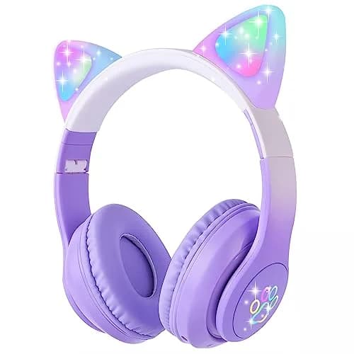 HOYJACY Kids Bluetooth Headphones with LED Cat Ears | Wireless & Wired, Foldable, 40mm Stereo, Microphone, Purple thumbnail 1