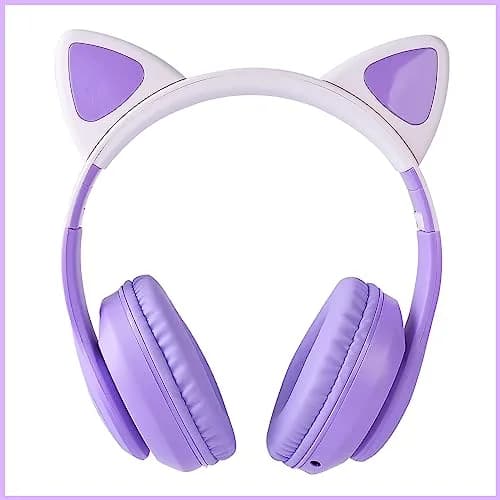 HOYJACY Kids Bluetooth Headphones with LED Cat Ears | Wireless & Wired, Foldable, 40mm Stereo, Microphone, Purple thumbnail 5