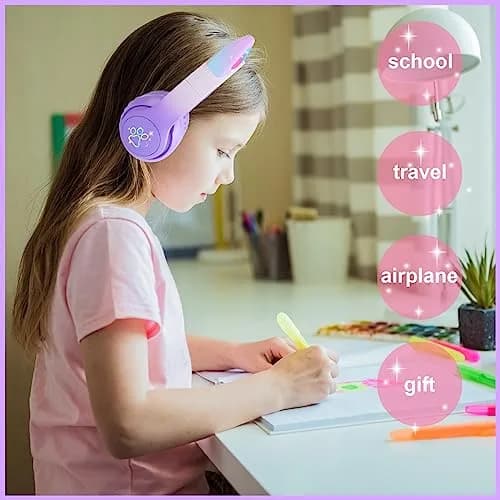 HOYJACY Kids Bluetooth Headphones with LED Cat Ears | Wireless & Wired, Foldable, 40mm Stereo, Microphone, Purple thumbnail 2