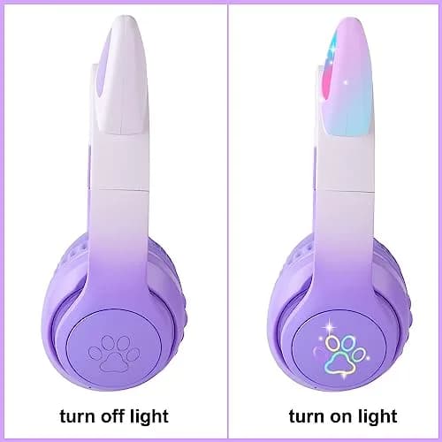 HOYJACY Kids Bluetooth Headphones with LED Cat Ears | Wireless & Wired, Foldable, 40mm Stereo, Microphone, Purple thumbnail 3