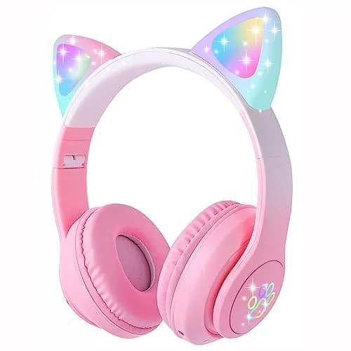 HOYJACY Cat Ear Kids Bluetooth Headphones Pink | LED Light Up Wireless & Wired Kids Headphones with Microphone thumbnail 1