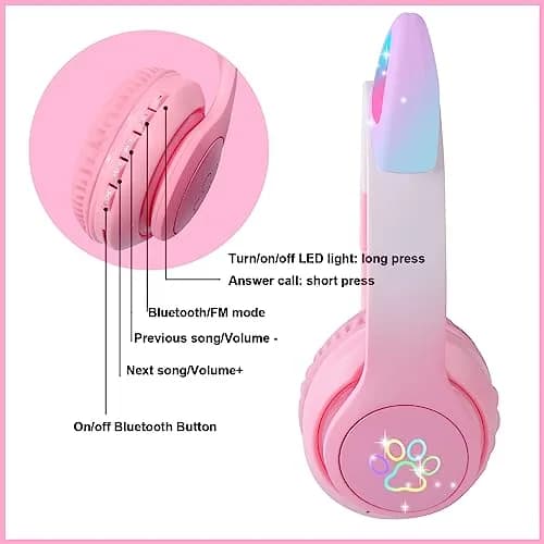 HOYJACY Cat Ear Kids Bluetooth Headphones Pink | LED Light Up Wireless & Wired Kids Headphones with Microphone thumbnail 4
