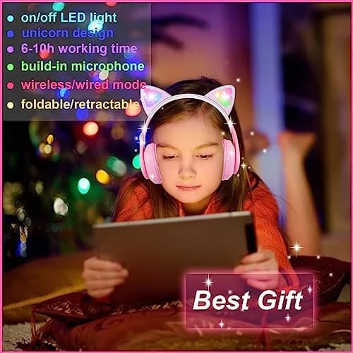 HOYJACY Cat Ear Kids Bluetooth Headphones Pink | LED Light Up Wireless & Wired Kids Headphones with Microphone thumbnail 3
