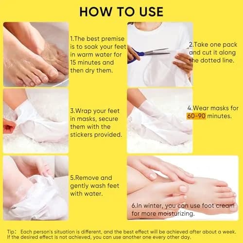 Berlaney Foot Peeling Mask for Dry Cracked Feet 3 Pairs | Exfoliating Peel with Shea Butter (60ml/2.03 Fl Oz) | Unisex thumbnail 5