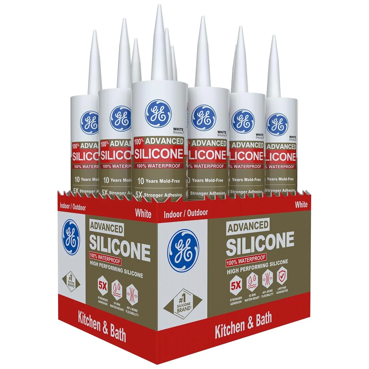 GE Advanced Silicone 2 Kitchen & Bathroom Caulk, White, 10 fl oz Cartridge, 12 Pack | Waterproof Sealant with 5X Stronger Adhesion - main product image