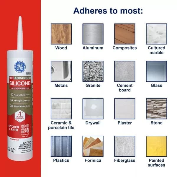 GE Advanced Silicone 2 Kitchen & Bathroom Caulk, White, 10 fl oz Cartridge, 12 Pack | Waterproof Sealant with 5X Stronger Adhesion thumbnail 6