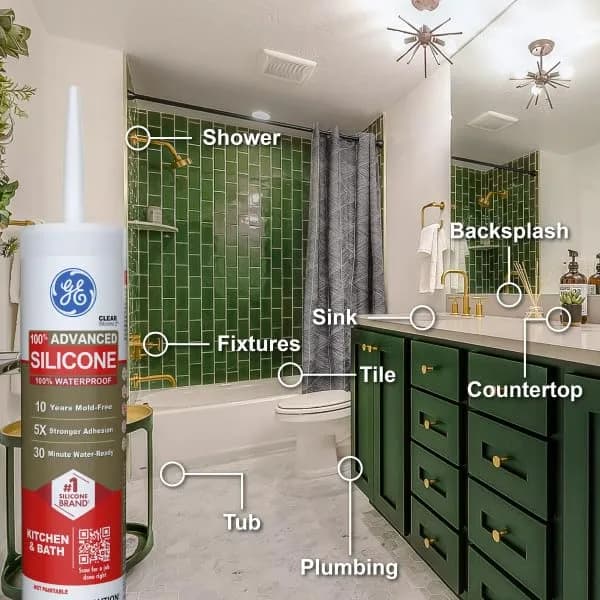 GE Advanced Silicone 2 Kitchen & Bathroom Caulk, White, 10 fl oz Cartridge, 12 Pack | Waterproof Sealant with 5X Stronger Adhesion - view 7