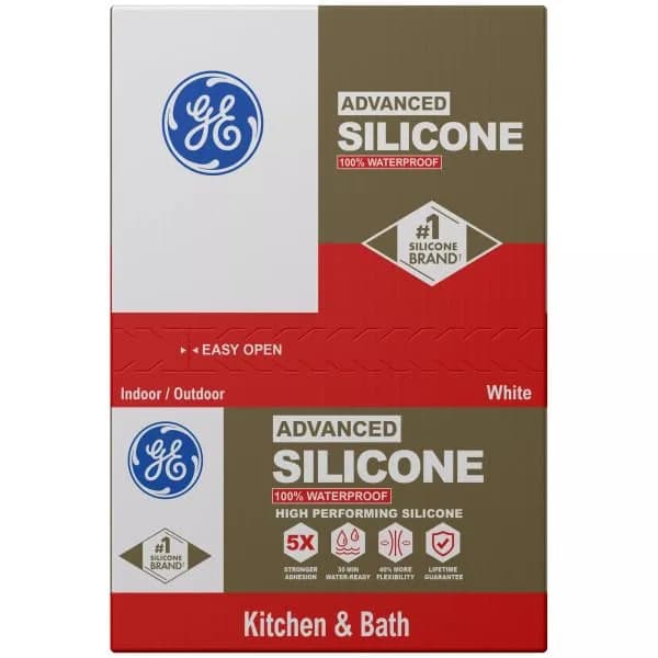 GE Advanced Silicone 2 Kitchen & Bathroom Caulk, White, 10 fl oz Cartridge, 12 Pack | Waterproof Sealant with 5X Stronger Adhesion thumbnail 2