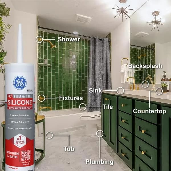 GE Silicone Tub & Tile Caulk for Kitchen & Bath, Clear, 10.1 fl oz | Waterproof & Flexible Sealant thumbnail 8