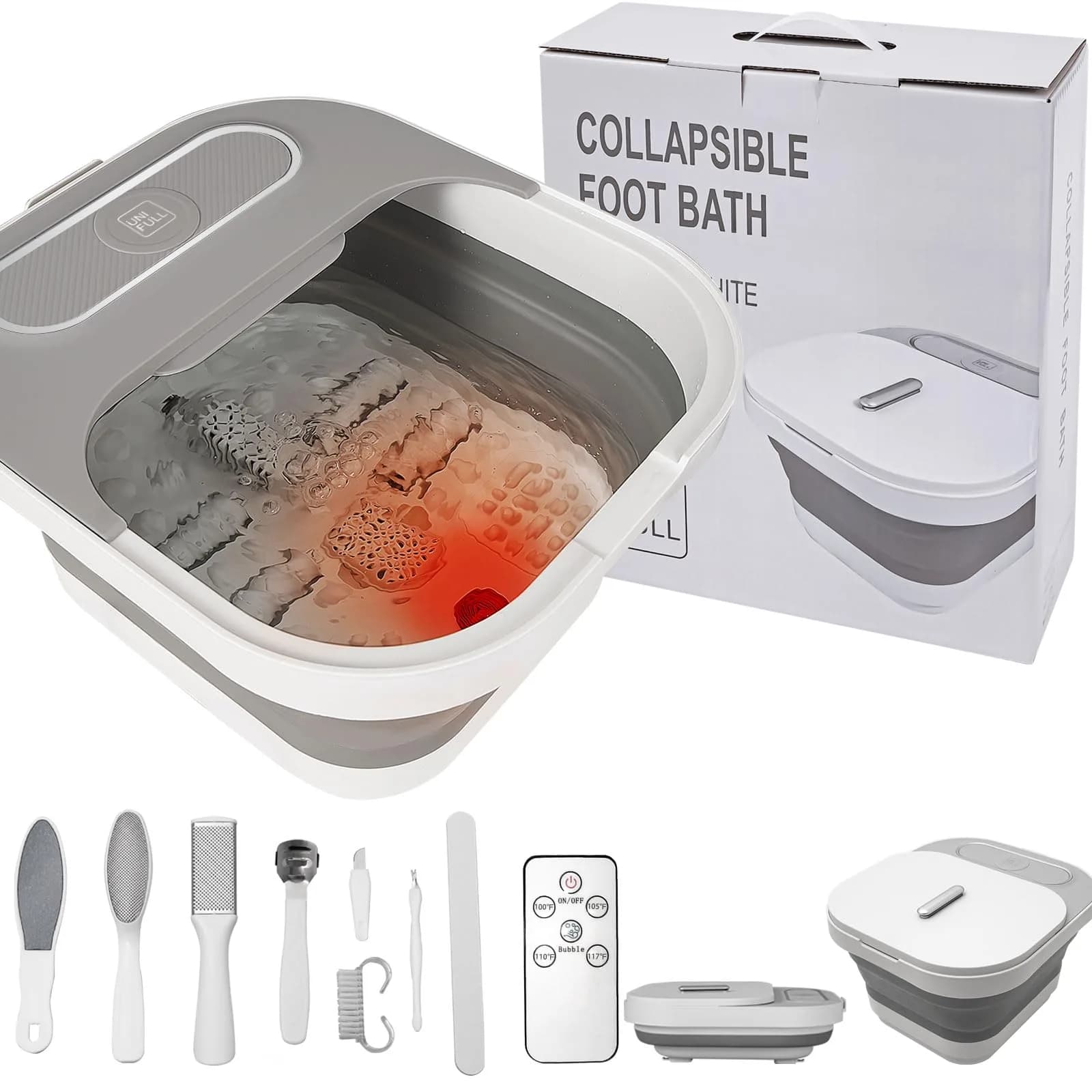 UNIFULL Collapsible Foot Spa Bath with Heat, Remote Control, Shiatsu Rollers & Bubble Jets for Relaxation