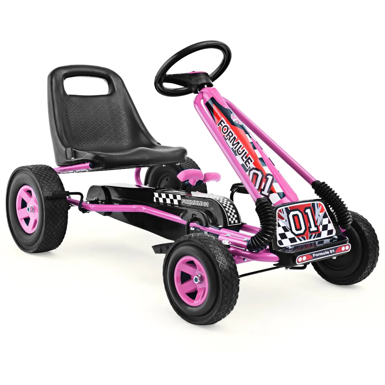 HONEY JOY Go Kart for Kids 4 Wheel Off-Road Pedal Car Pink | Adjustable Seat & Safety Brakes
