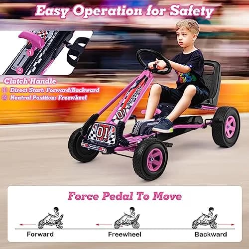 HONEY JOY Go Kart for Kids 4 Wheel Off-Road Pedal Car Pink | Adjustable Seat & Safety Brakes thumbnail 3