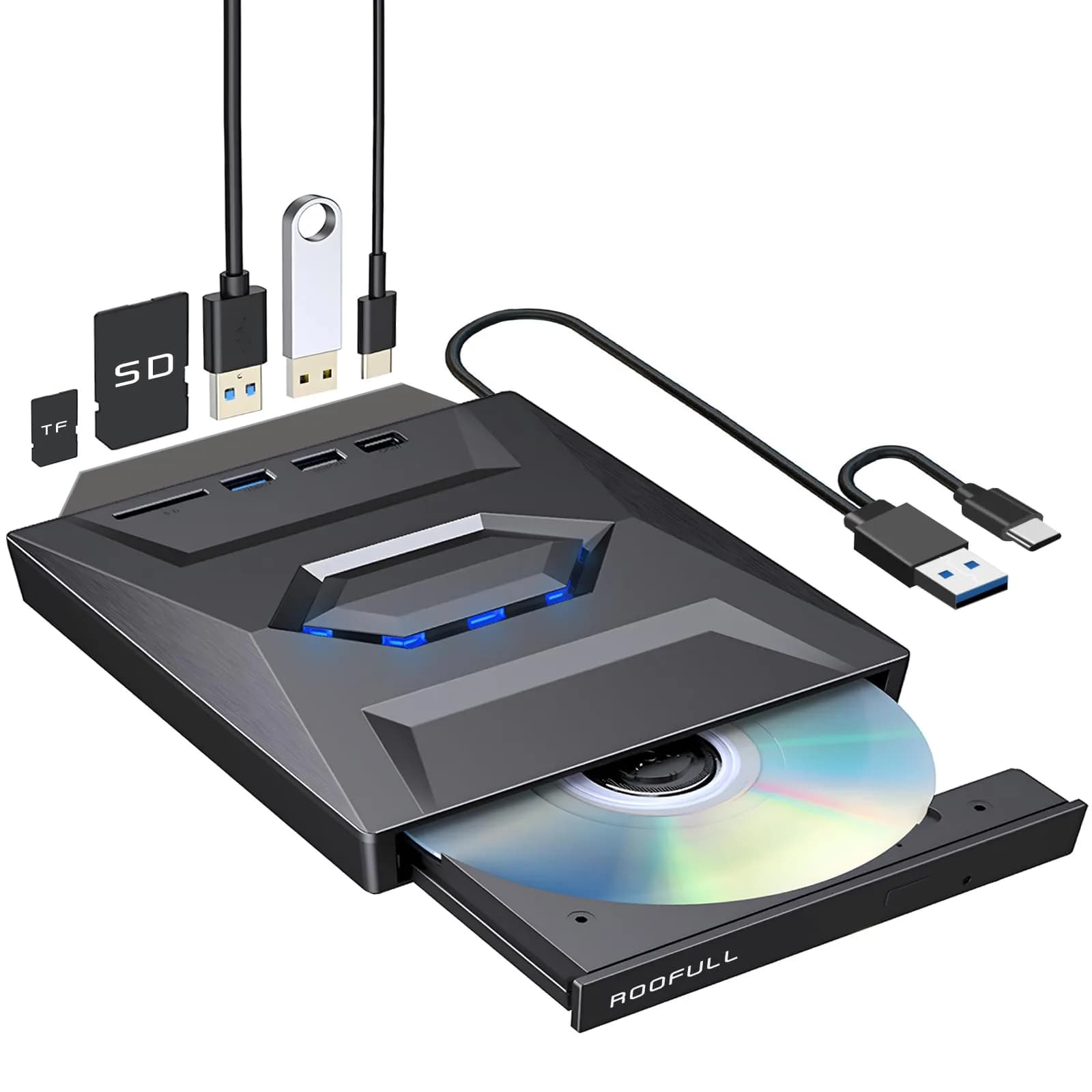 ROOFULL External CD DVD Drive with Carrying Case | USB 3.0 Type-C for Laptop & PC — Jet Black