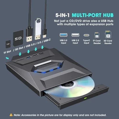 ROOFULL External CD DVD Drive with USB 3.0 Type-C Hub & SD Card Reader, 15.6cm (5.5in) | Reads & Burns CDs/DVDs, Expands Laptop Ports thumbnail 4