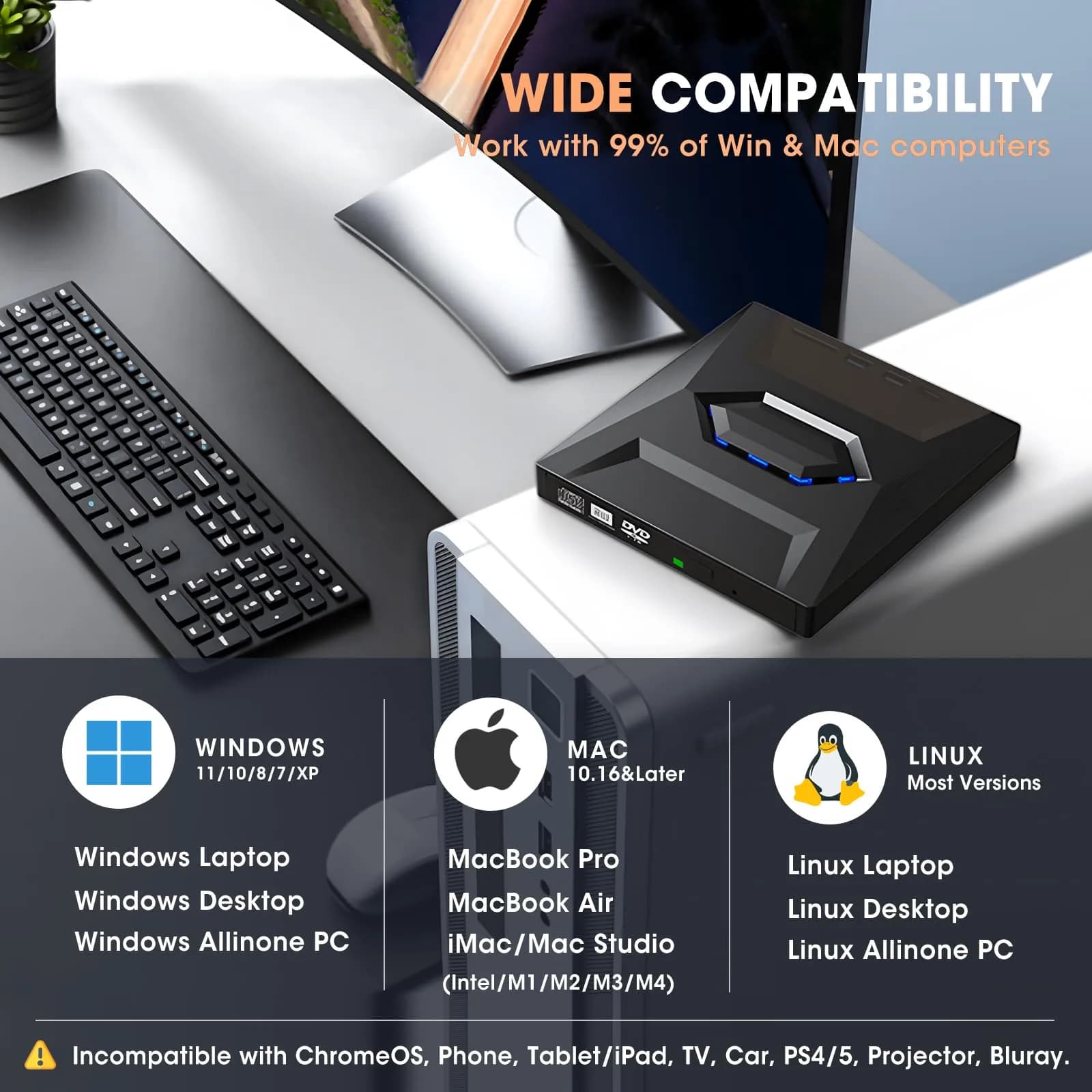 ROOFULL External CD DVD Drive with USB 3.0 Type-C Hub & SD Card Reader, 15.6cm (5.5in) | Reads & Burns CDs/DVDs, Expands Laptop Ports - view 5