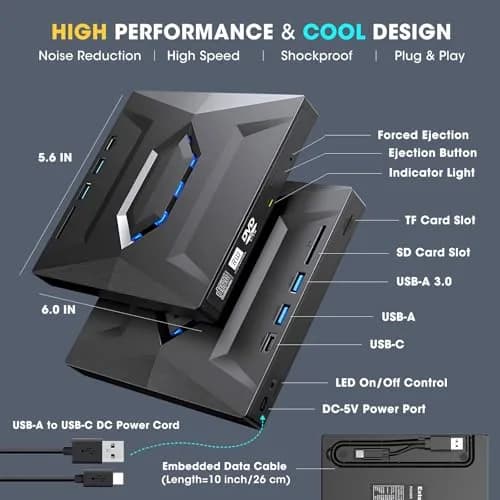 ROOFULL External CD DVD Drive with USB 3.0 Type-C Hub & SD Card Reader, 15.6cm (5.5in) | Reads & Burns CDs/DVDs, Expands Laptop Ports thumbnail 6