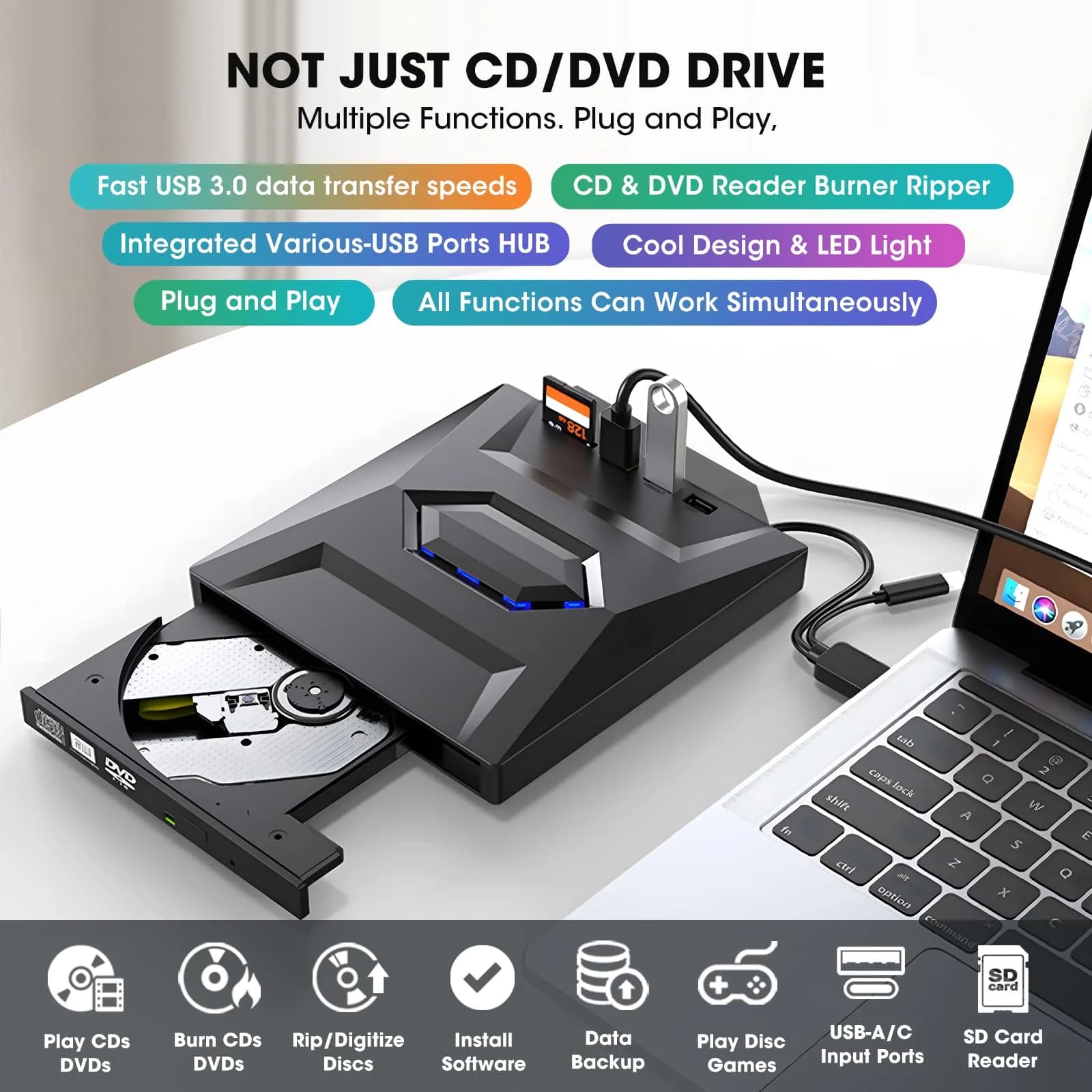 ROOFULL External CD DVD Drive with USB 3.0 Type-C Hub & SD Card Reader, 15.6cm (5.5in) | Reads & Burns CDs/DVDs, Expands Laptop Ports - view 2