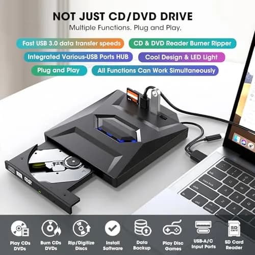 ROOFULL External CD DVD Drive with USB 3.0 Type-C Hub & SD Card Reader, 15.6cm (5.5in) | Reads & Burns CDs/DVDs, Expands Laptop Ports thumbnail 2