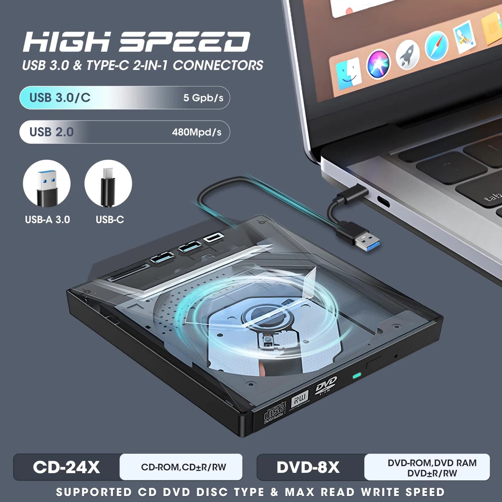 ROOFULL External CD DVD Drive with USB 3.0 Type-C Hub & SD Card Reader, 15.6cm (5.5in) | Reads & Burns CDs/DVDs, Expands Laptop Ports - view 3